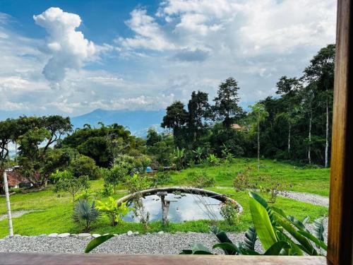 a view from a window of a garden with a pond at My Paradise Tamesis in Támesis