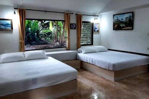 two beds in a room with a window at The Cascade - Mae Taeng Waterfall Bungalows in Ban Mae Ta Man (1)