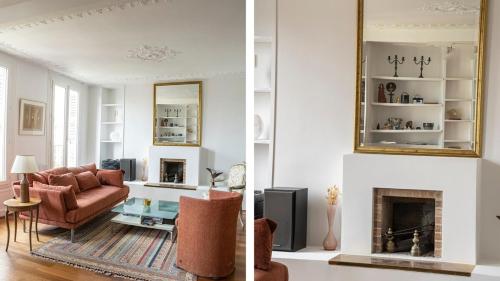 un salon avec un canapé et une cheminée dans l'établissement Spacieux au coeur du Marais | 4 personnes, à Paris