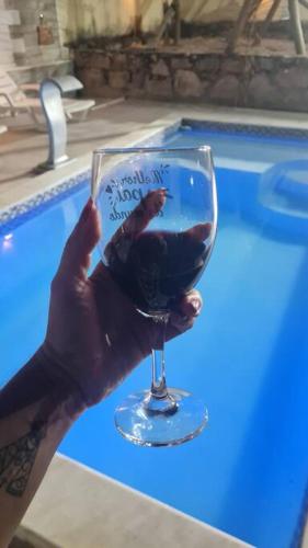a person holding a glass of wine in front of a pool at Espaço Bem Bom in Andaraí