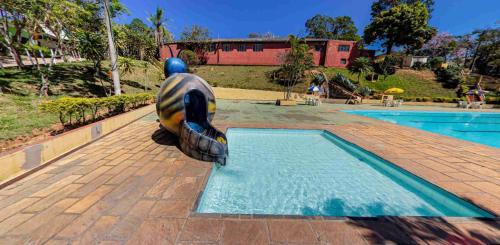 a dolphin is falling into a swimming pool at Chalé Veraneio-Itú-SP Vista para o lago Camping Carrion in Itu