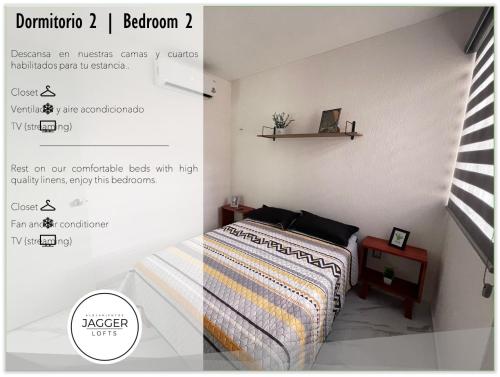 a poster of a bedroom with a bed and a shelf at Loft Joe con WiFi y Alberca in Tulum