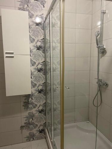 a bathroom with a shower with a glass door at Stan Na Dan Pehlić - Apartments For The Day Cazin in Cazin