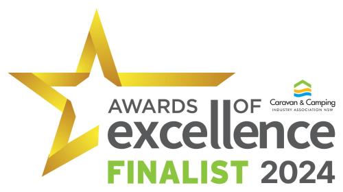 a gold star with the words awards of excellence finalist at Moama Riverside Holiday Park in Moama