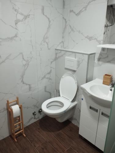 a white bathroom with a toilet and a sink at Apartment with pool in Veliko Gradište