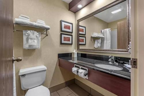 a bathroom with a toilet and a sink and a mirror at Comfort Inn Augusta in Augusta