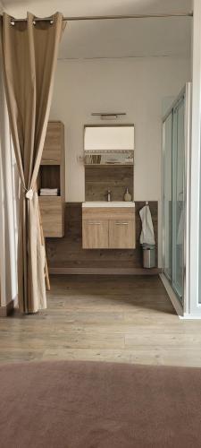 a bathroom with a sink and a mirror at LeMasBlanc, Chambre d'hôtes & jacuzzi privé, au calme, 15min de Carcassonne in Malves-en-Minervois