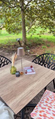 a wooden table with a lamp on top of it at Schlosshotel Hohenbocka in Hohenbocka