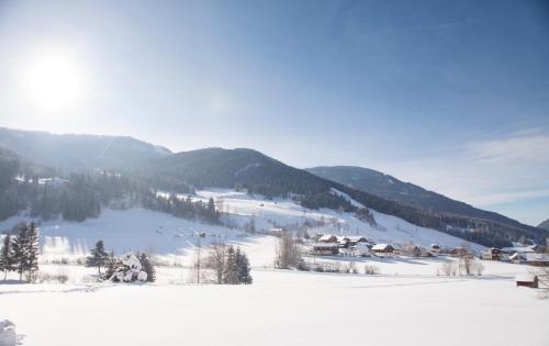 a snow covered mountain with a village in the distance at Appartementanlage Thermenblick SKI IN & SKI OUT in Bad Kleinkirchheim