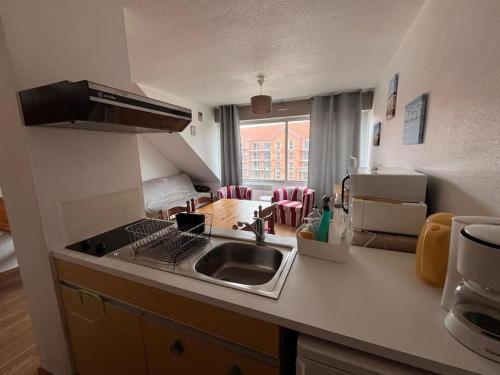 une cuisine avec un évier et un plan de travail dans l'établissement Duplex à 100m de la plage, à Neufchâtel-Hardelot