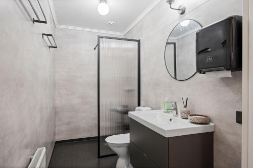 a bathroom with a toilet and a sink and a mirror at Uppsala Lägenhetshotell in Uppsala