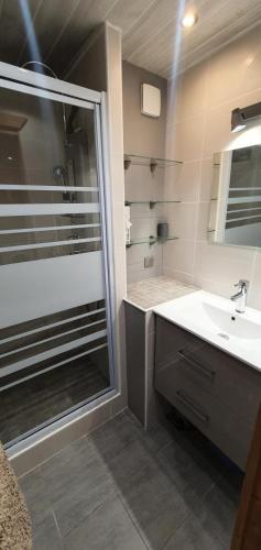 une salle de bain avec une douche, un lavabo et un miroir dans l'établissement Résidence Melezets 3 - 2 pièces 4 personnes MAE-0601, à Modane