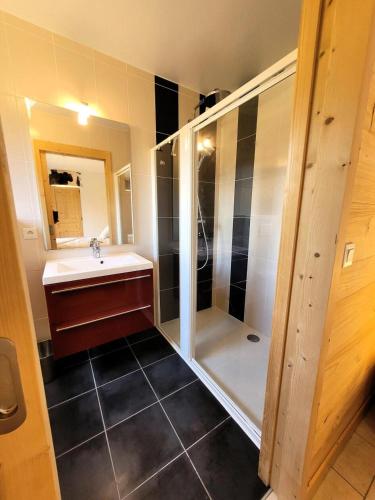 une salle de bain avec douche et lavabo dans l'établissement Résidence Le ChampÉ - Grand appartement de plain-pied avec terrasse MAE-3421, aux Gets