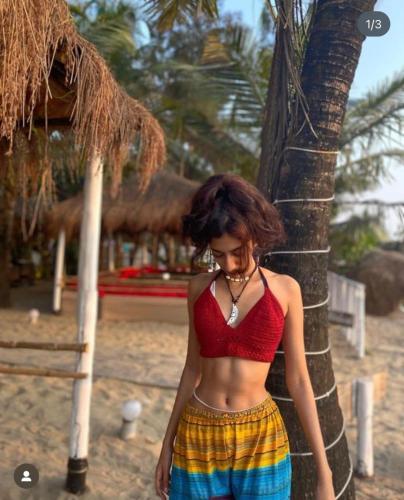a woman standing next to a tree on the beach at Village Susegat Beach Resort in Morjim