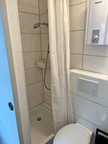クレーフェルトにあるRuhige Wohnung im Zentrum in Hubi3の小さなバスルーム(トイレ、シャワー付)