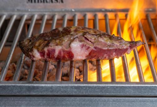 a piece of meat is cooking on a grill at HOTEL RURAL FINCA LA DESA in Miajadas