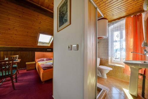 a bathroom with a sink and a bed in a room at Penzion Kameňák in Horní Planá