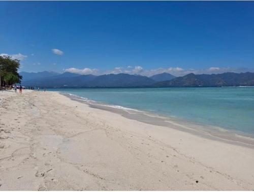 a beach with the ocean and mountains in the background at Angel's Villa & Resort in Selong