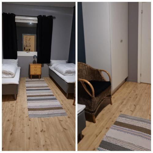 two pictures of a room with a bed and a chair at Hele utleiebolig Årøybuktneset in Lyngseidet
