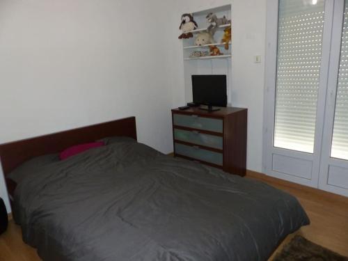une chambre avec un lit et une commode avec une télévision dans l'établissement Maison proche aéroport, à Saint-Aignan-Grand-Lieu