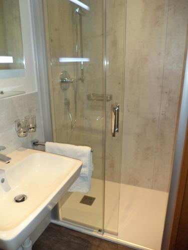 a bathroom with a shower and a sink at Gästehaus Tramnitz in Mayrhofen