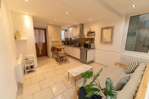 un salon avec un canapé et une cuisine dans l'établissement Charmant 2P, quartier du Port, Nice, à Nice