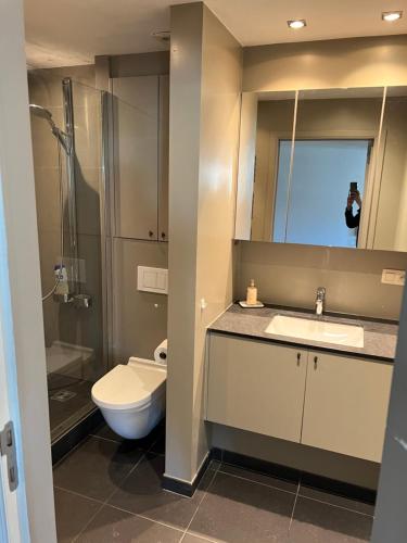 a bathroom with a toilet and a sink and a shower at Mar y sal in Knokke-Heist