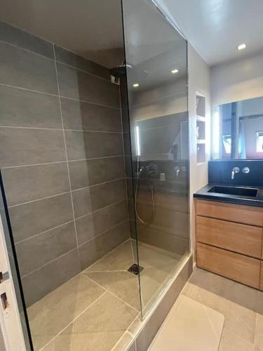 une douche avec une porte vitrée dans une salle de bain dans l'établissement Comfort & design 2 BR near Place des Vosges, à Paris