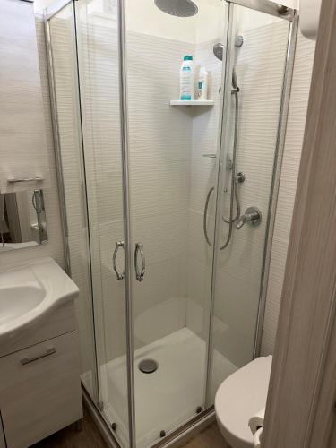 a bathroom with a shower with a toilet and a sink at Villa Maria in Lamezia Terme