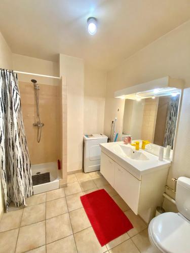 une salle de bain avec un lavabo, des toilettes et une douche dans l'établissement Le Beau-repaire de Sens, à Sens