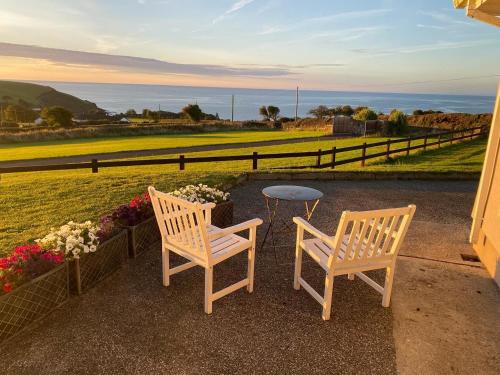 two chairs and a table on a patio with flowers at Follies Bungalow with Ocean Views in Dungarvan