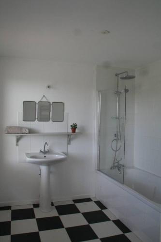 une salle de bain avec un lavabo et une douche dans l'établissement maison de campagne au bord de la mer, à Saint-Georges-de-la-Rivière