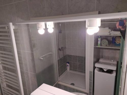 une salle de bain avec une douche, des toilettes et un lavabo dans l'établissement Pavillon de vacances très bien équipé avec parking privatif - 6BRIGA7, à Saint Cyprien Plage