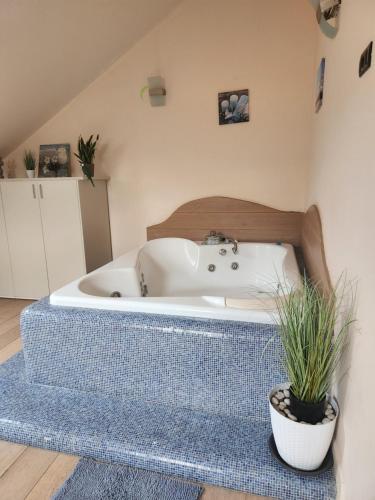 a bath tub in a room with a blue rug at Central Terrace Escape with Jacuzzi in Timişoara