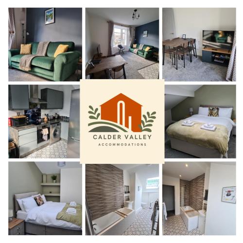 a collage of pictures of a bedroom and a living room at Modern River View Mytholmroyd Apartment in Mytholmroyd
