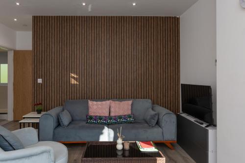 a living room with a blue couch and a tv at 2 minutes walk to JR & Manor Hospitals , Close to Oxford Brookes University Bluebird Apartment in Oxford