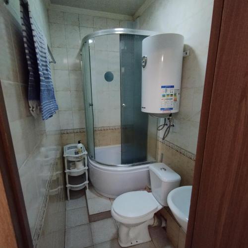 a bathroom with a shower and a toilet and a sink at Small Cozy Apartment in Bishkek