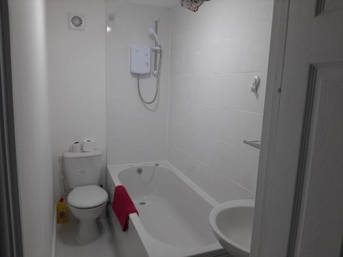 a white bathroom with a toilet and a sink at Newport Ensuite Sleeps 2 near Train Station in Newport