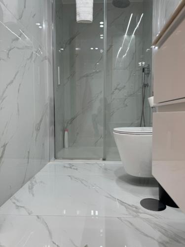 a white bathroom with a shower and a toilet at Romantic Douro River & Sunset views in Porto