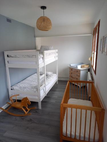 - une chambre avec 2 lits superposés et un chien à l'étage dans l'établissement L'échappée Belle, à Gravelines