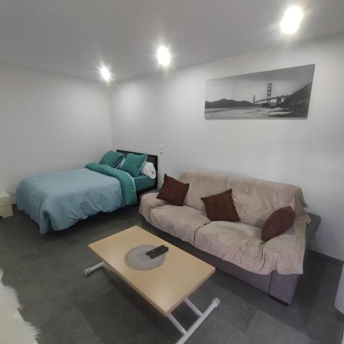 un salon avec un canapé et un lit dans l'établissement Petite maison avec jardin, à Montluçon