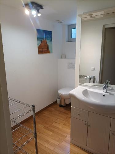 a bathroom with a sink and a toilet and a mirror at Terrasses de Malmedy Chalet 141 in Malmedy
