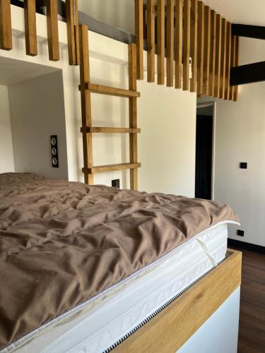 une chambre avec un lit superposé et une échelle dans l'établissement Chalet Landais, à Sanguinet