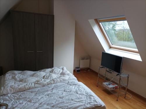 a bedroom with a bed and a window and a television at Terrasses de Malmedy Chalet 141 in Malmedy