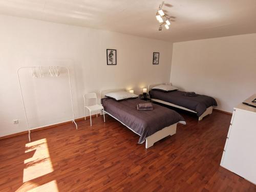 two beds in a room with wood floors at FR14 - Schöne 2-Zimmer-Wohnung mit Balkon in Heusenstamm in Heusenstamm