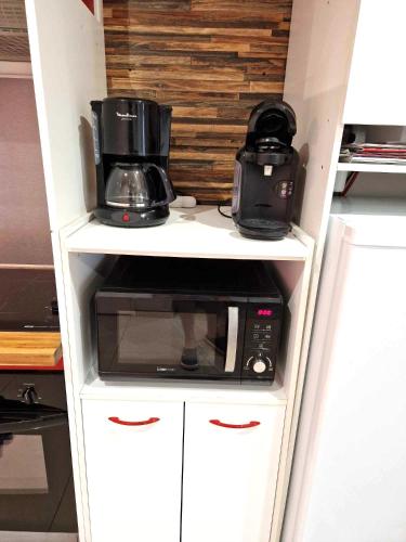- une armoire blanche avec un four micro-ondes et une cafetière dans l'établissement 03 - Joli studio traversant situé au rdc avec 2 lits, tout équipé pour 1, 2 ou 3 personnes maximum, entrée indépendante donnant sur parking dont une place est réservée devant la porte, grand fourgon possible et petit jardin sur l'arrière comme une maison, à Razac-sur-lʼIsle