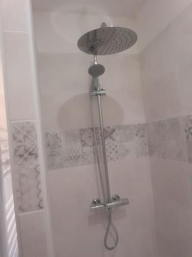 une douche avec pommeau de douche dans une salle de bain dans l'établissement Maison individuelle entièrement refaite, à La Ferté-Bernard