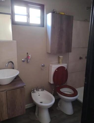 a bathroom with a toilet and a sink at Cabañas en Koslay Ñalala Ivoqué con piscina climatizada en épocas cálidas in Juana Koslay 