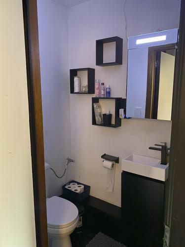 a bathroom with a toilet and a sink and a mirror at Perk25A in Steenokkerzeel