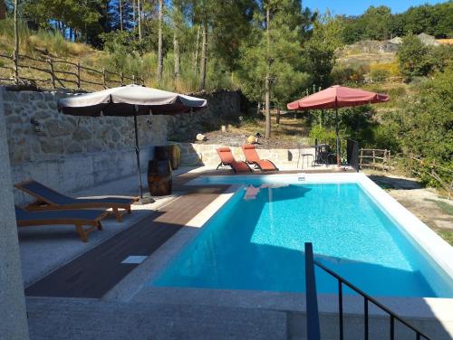 ein Swimmingpool mit zwei Stühlen und einem Sonnenschirm in der Unterkunft Casa do Reguengo, Freigil in Resende